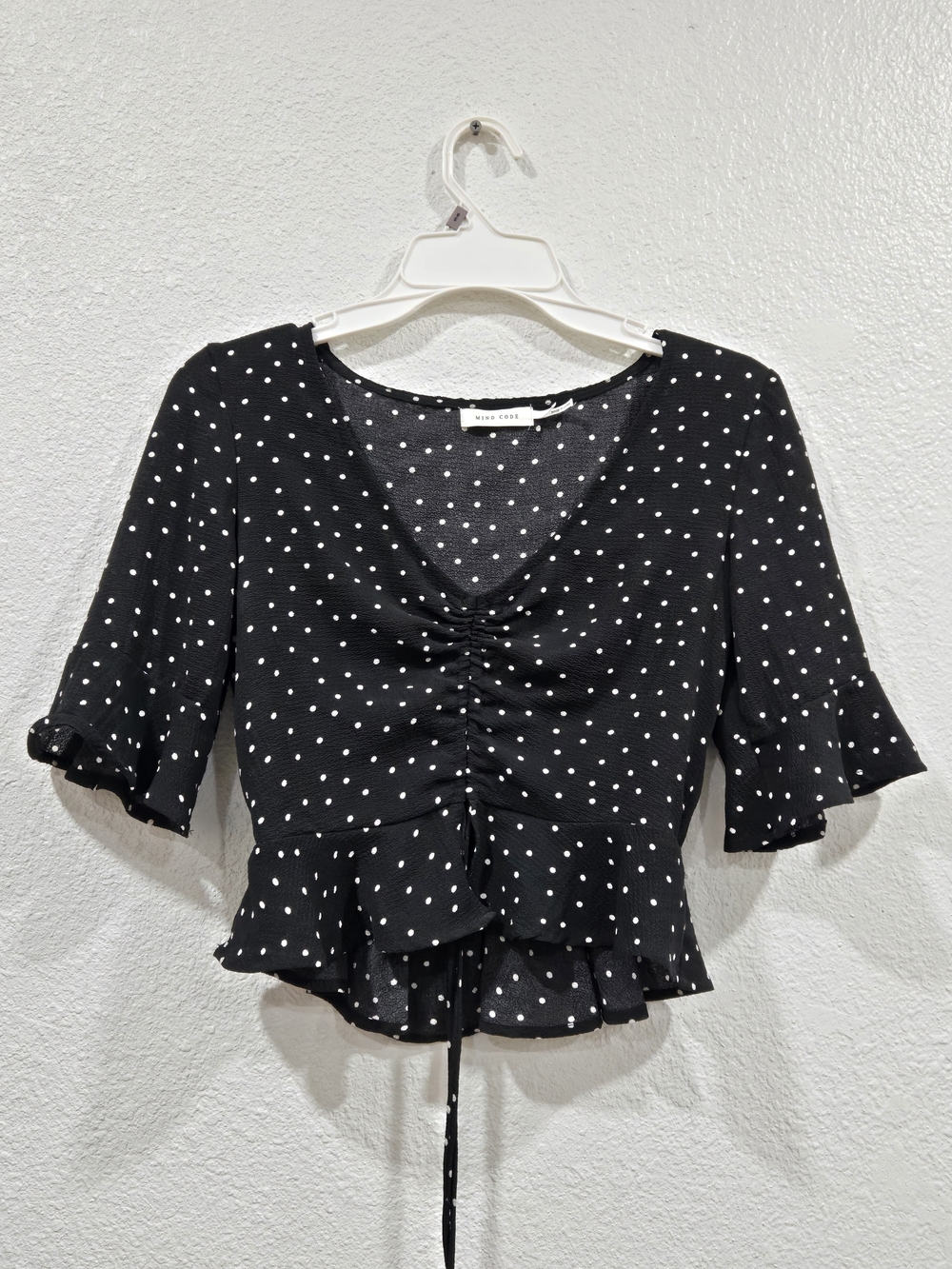 Mind Code Black Polka Dot Ruched Peplum Crop Top